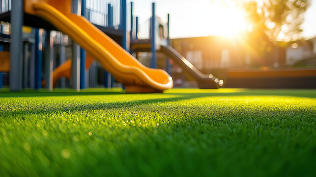 A fun-filled children's play area with bright, engaging structures sits on soft green artificial grass. The sunlight highlights the cheerful, safe environment.