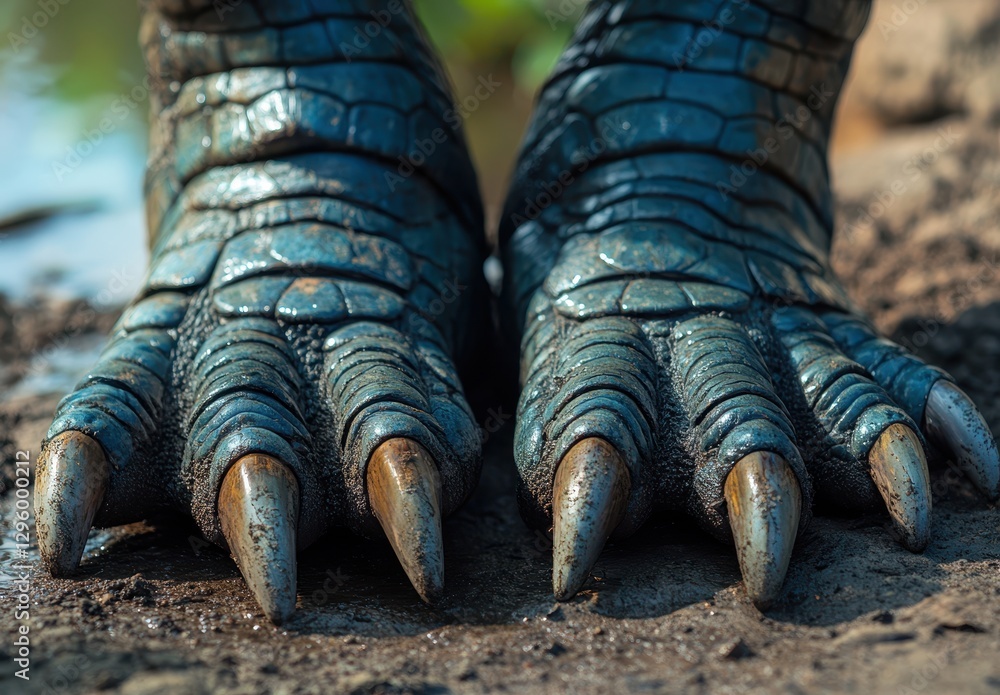 Poster close-up view of large reptile feet showcasing textured scales and sharp claws on the ground near wa