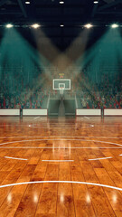 Wide-angle of professional indoor basketball arena with wooden court glowing spotlights illuminate stadium with cheering crowd in stands. 3D render. Concept of tournament, playoffs, slam dunk, team. © Lustre Art Group 