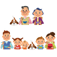 ご飯を美味しそうに食べる三世代家族