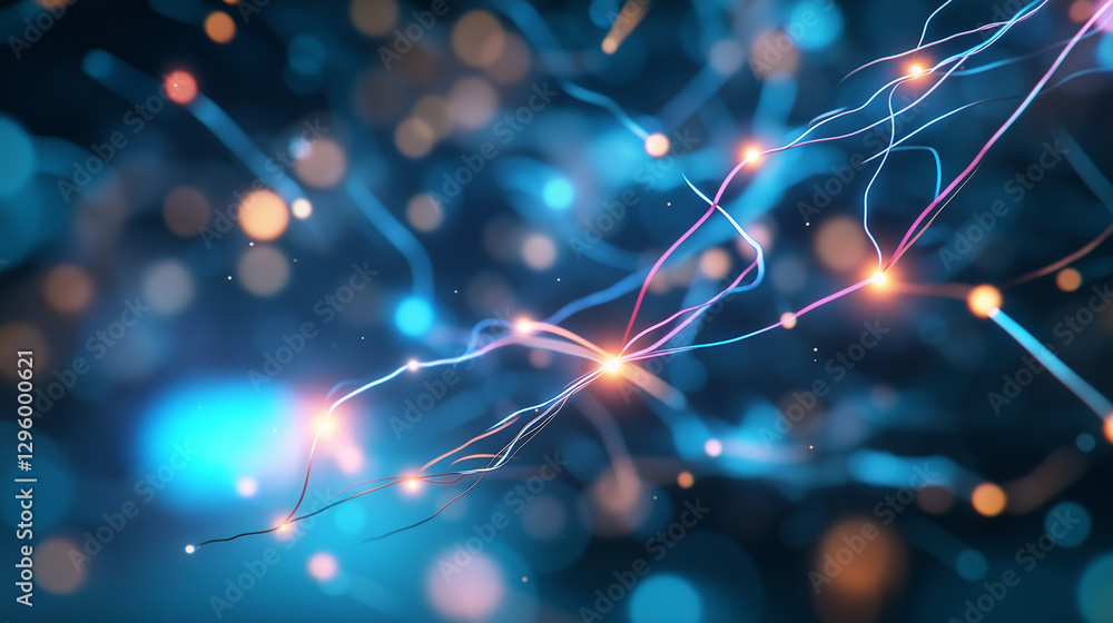 Poster neurons glowing in vibrant colors, connecting and firing electrical signals, visualize the brain's n