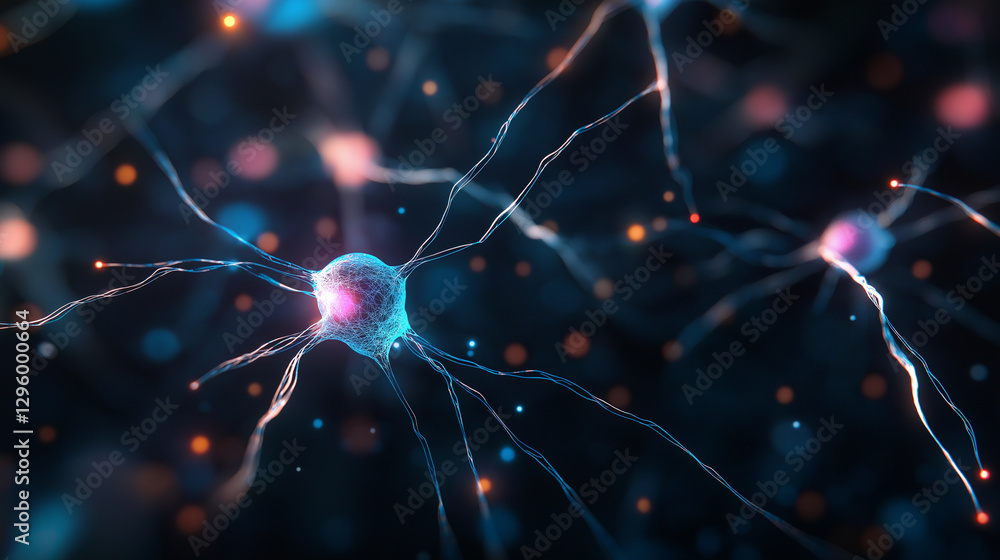 Poster neurons glowing in vibrant colors, connecting and firing electrical signals, visualize the brain's n