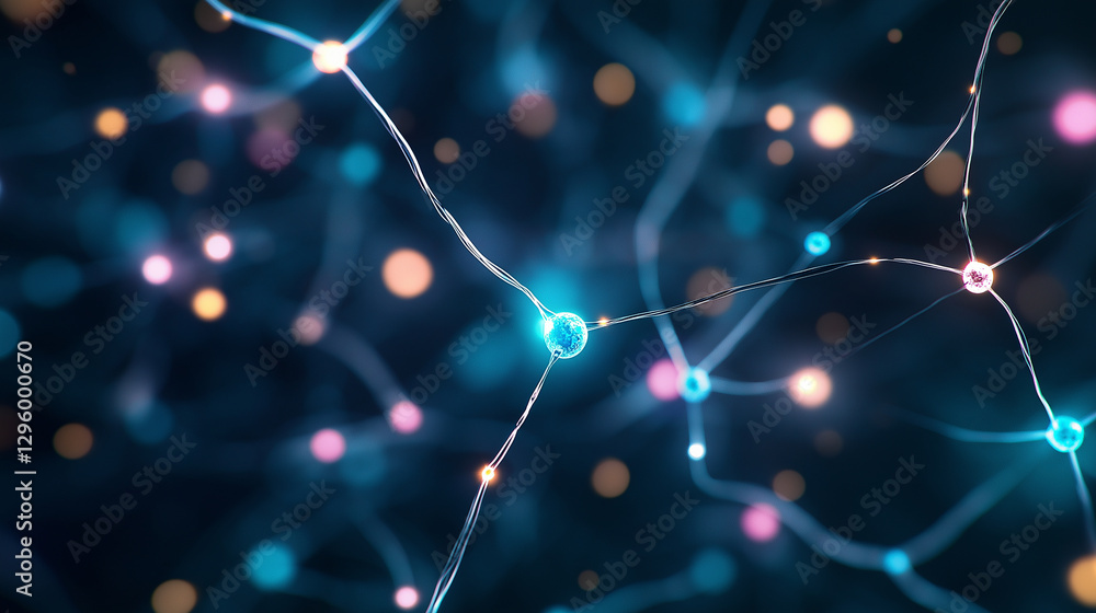 Poster neurons glowing in vibrant colors, connecting and firing electrical signals, visualize the brain's n