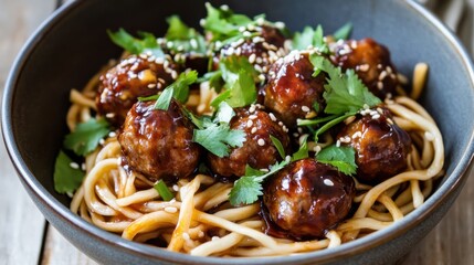 Asian meatball noodles with hoisin sauce, garnished with sesame seeds and cilantro Sticky Asian Meatballs with Udon Noodles.