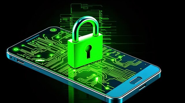 Smartphone with a digital lock symbolizing security and technology in a futuristic environment
