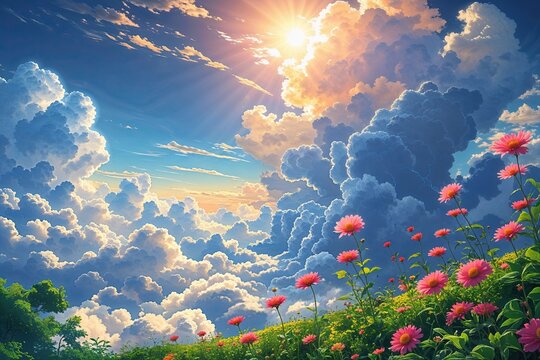 Vibrant Nature Landscape Featuring Cumulus Clouds and Bright Sunshine