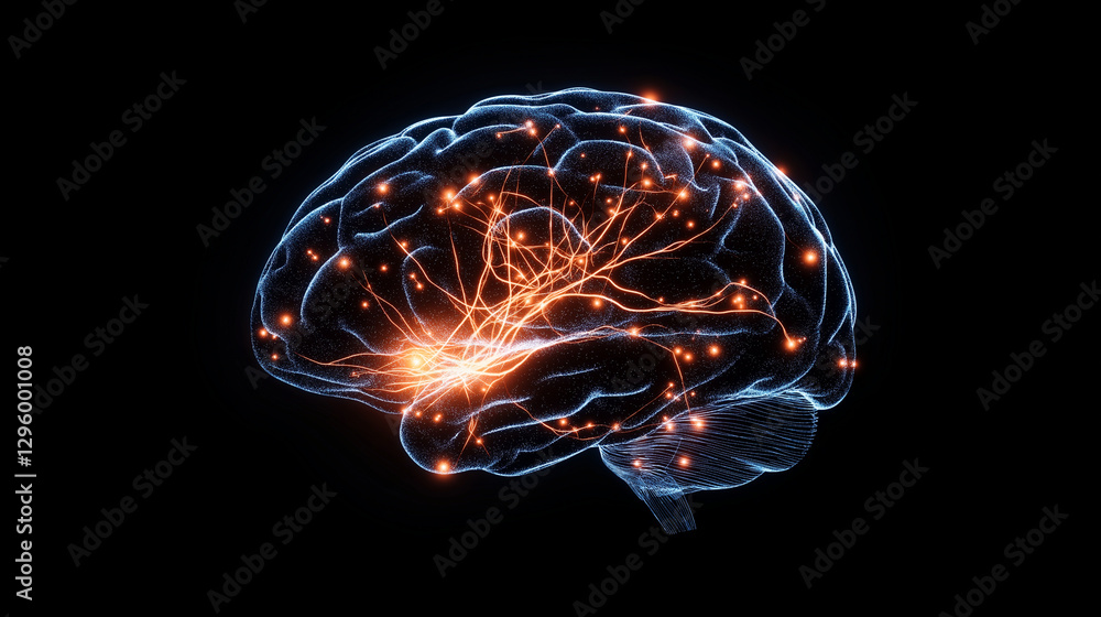 Aufkleber glowing brain cells with illuminated neural pathways, sending electrical signals to represent though