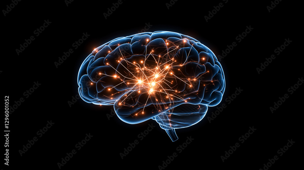 Poster electric signals spark between glowing nerve cells in the brainâs neural network, illustrating the