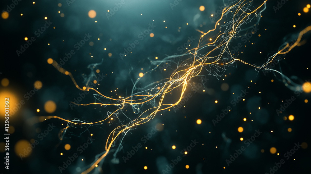 Poster electric signals spark between glowing nerve cells in the brainâs neural network, illustrating the