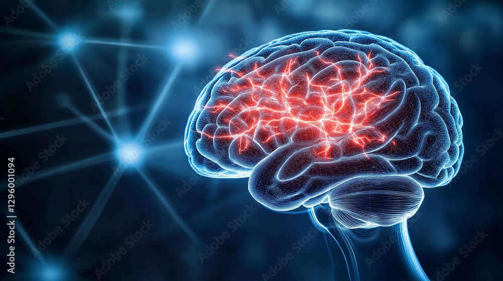 Poster electric signals spark between glowing nerve cells in the brainâs neural network, illustrating the