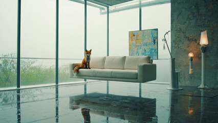 Solitary Fox Sitting on Levitating White Couch in Minimalist Glass-Walled Apartment with Modern Decor