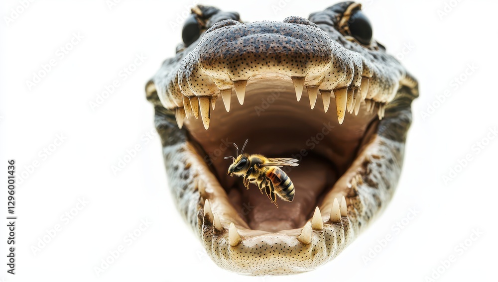 Poster close-up view of open alligator mouth with bee hovering inside, highlighting unique interaction betw