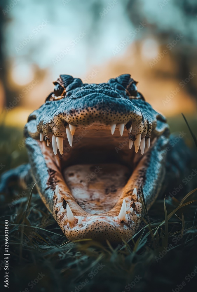 Aufkleber close-up view of open-mouth reptile in natural habitat with sharp teeth and vibrant features on a br