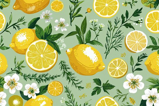 Vibrant Lemon Herb and Citrus Blossom Floral Design on Light Green Background