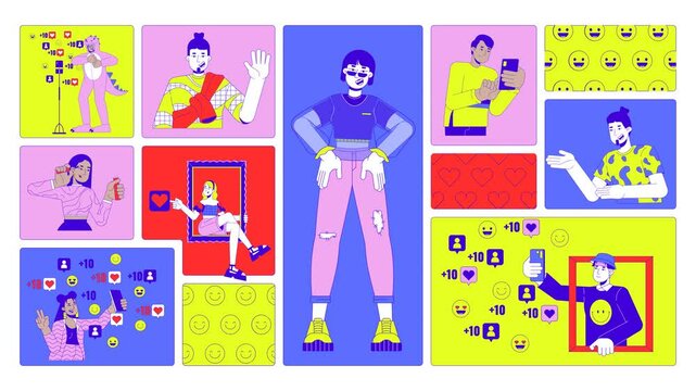 Social media trends and digital identity animated bento grid layout. Diverse influencers, content creators likes 2D animation flat cartoon ui collage design. 4K video motion graphic collection