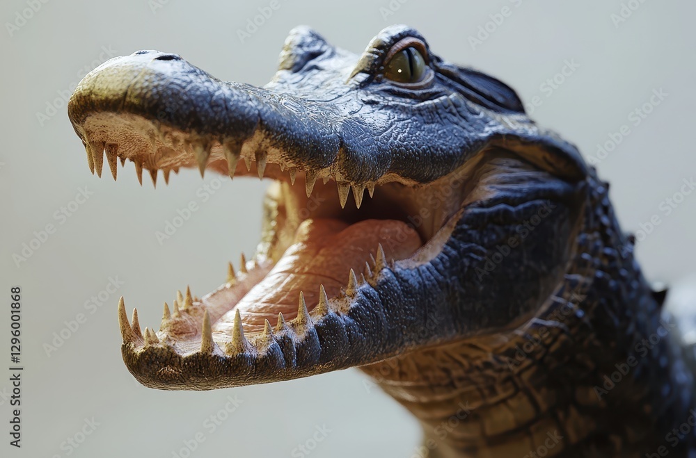 Poster close-up view of realistic alligator head with open mouth showing sharp teeth and detailed skin text