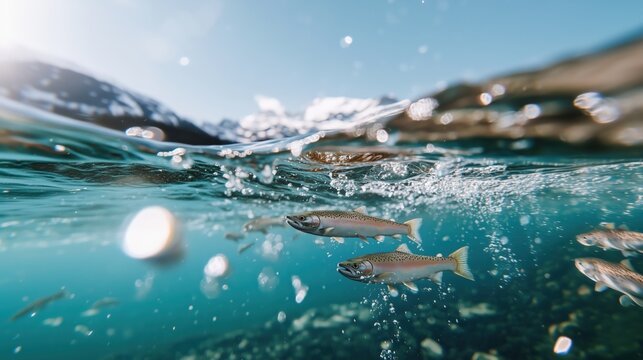 A split-view of salmon swimming in clear Arctic waters with snowy mountains in the background. Perfect for themes of aquaculture and nature. Generative by Ai