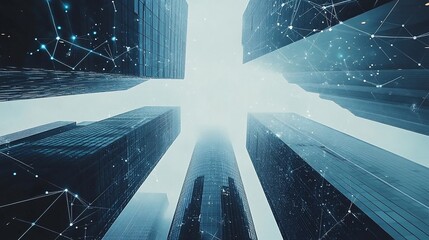 A low-angle view of skyscrapers with digital network overlay, emphasizing connectivity and urban technology