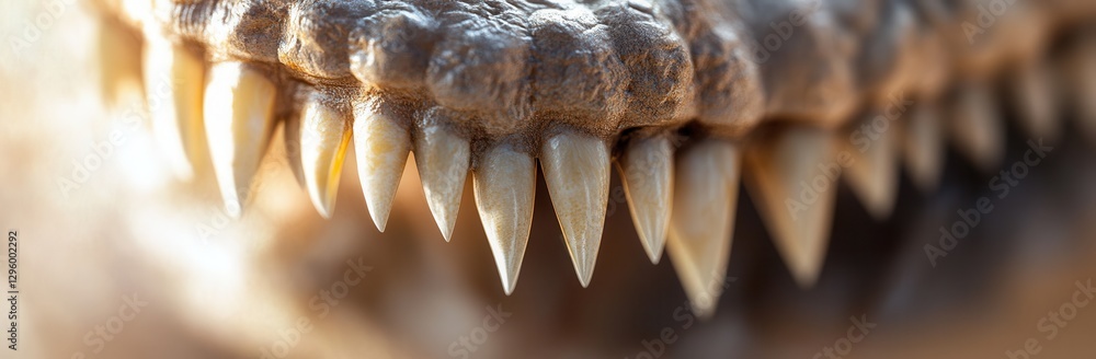 Poster close-up view of sharp teeth of a reptile showcasing intricate details and natural textures in brigh
