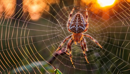 A hyper-detailed shot of a spider weaving its web, focusing on the tiny, almost invisible threads and delicate silk strands, showcasing the intricate craftsmanship of nature.