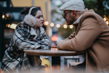 A couple sits outdoors at a cafe, warmly dressed in winter attire, engrossed in conversation. They...