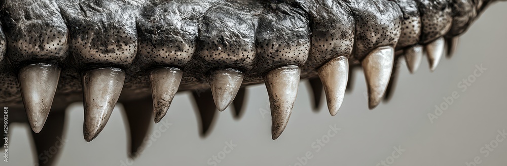 Poster close-up view of sharp teeth of a crocodilian reptile highlighting the intricate textures and patter