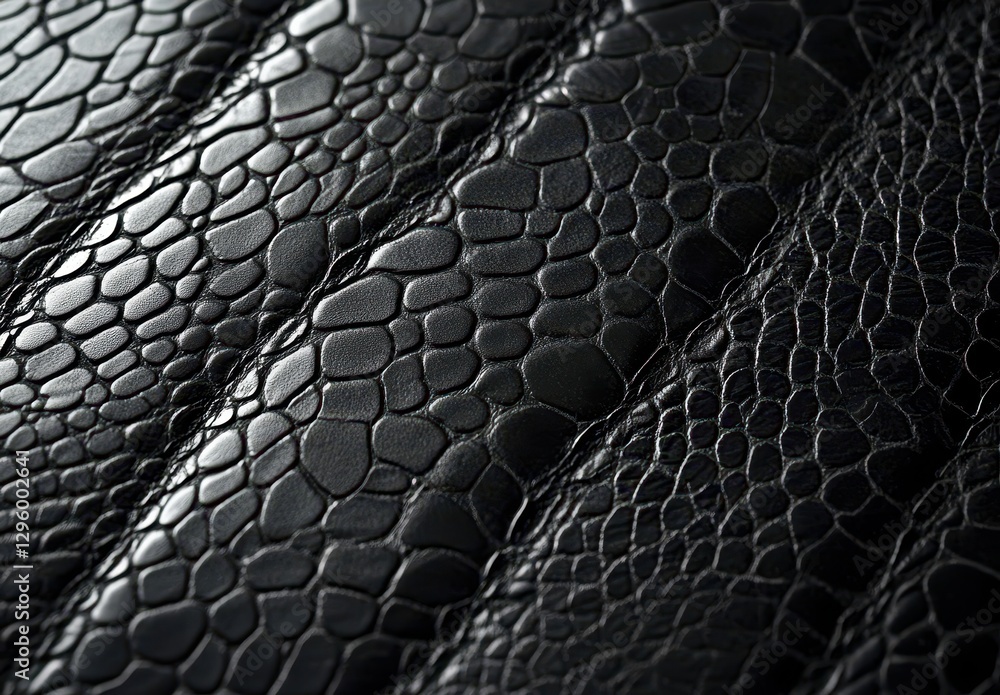 Poster close-up view of shiny black leather with unique textured patterns and reflective surfaces highlight
