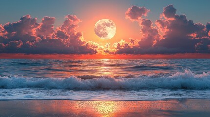 Horizon, clouds and full moon by ocean with sunset for peace