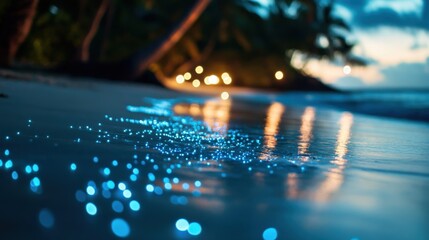 Enchanting beach night bioluminescent waves tropical shore photography serene atmosphere close-up nature's magic