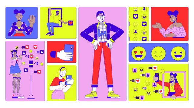Social media fame and diverse content creators animated bento grid layout. Users seeking likes, influencer marketing 2D animation flat cartoon ui collage design. 4K video motion graphic collection