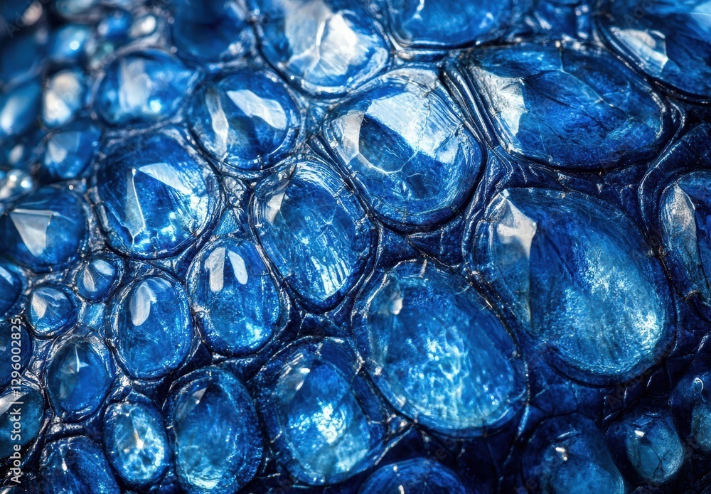 Poster close-up view of shiny blue water droplets on a textured surface with reflections and details in hig