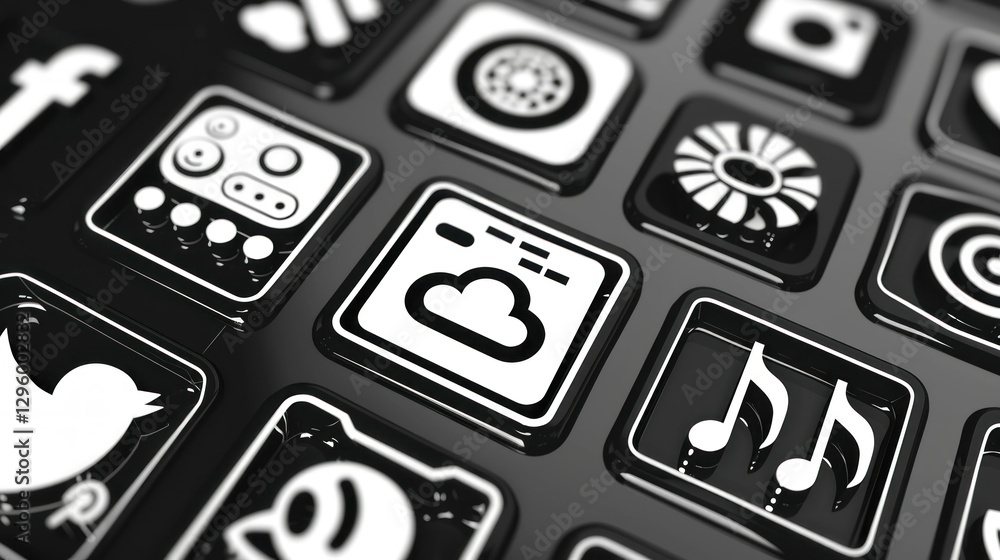 Poster a collection of computer graphic icons in black and white for various apps.