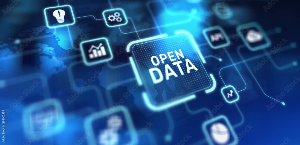 Poster open data promoting transparency and accessibility, projection on a virtual screen, business and tec