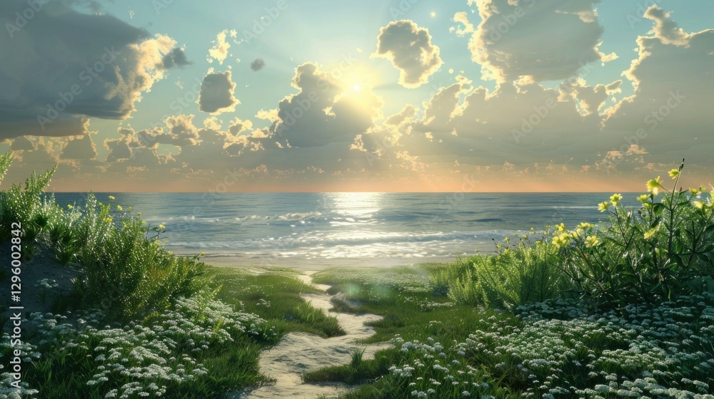 Poster a computer graphic rendering of a serene coastal landscape.