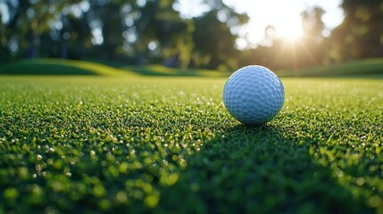 Close-up white golf ball on green course on blurred beautiful landscape of golf course in bright day time