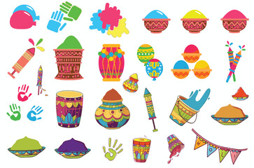 Colorful Holi festival item set including gulal powder, pichkari, sweets, bonfire, and festive decorations. Perfect for Indian festival designs.