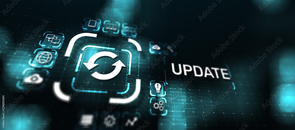 Poster update system upgrade software version technology concept on virtual screen.