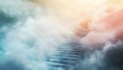 Stairway ascends through fluffy ethereal clouds toward a bright light