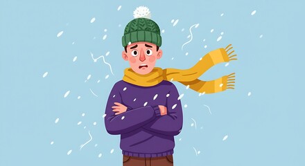 Young man bundled in a purple sweater yellow scarf and green knit hat shivers in a snowy blizzard