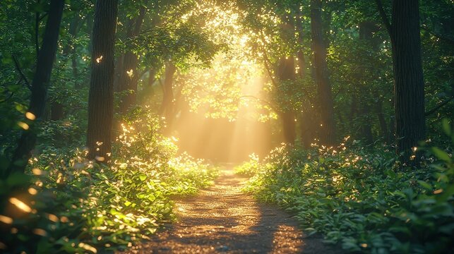 Serene sunlit forest with lush green undergrowth, peaceful woodland landscape