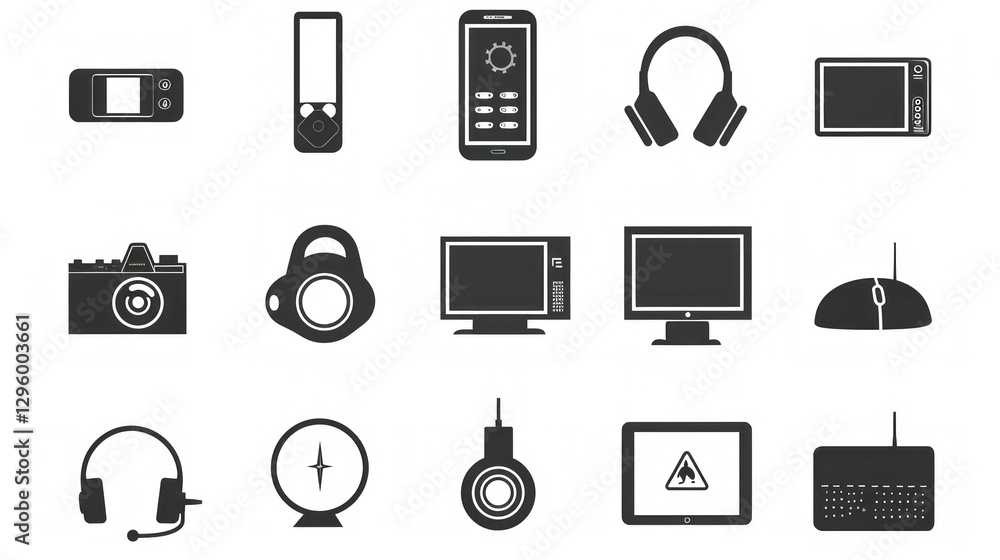 Poster a set of simple icons representing technology and devices.