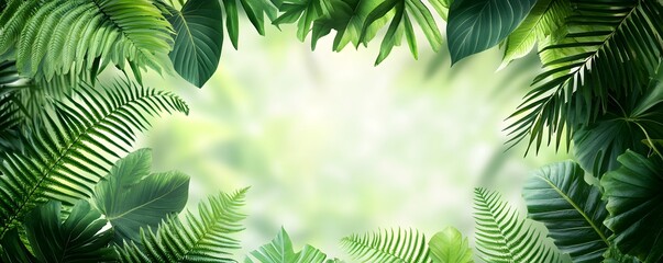 Lush tropical leaves frame a bright and blurred background