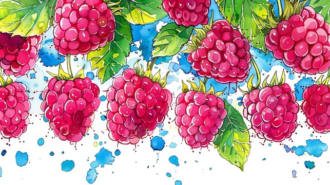 A high-speed capture of raspberries falling with green leaves in mid-air isolated on a white background energetic and fresh