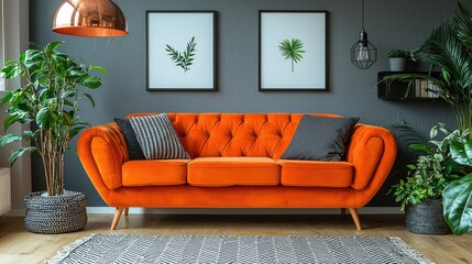 Modern living room features a bright orange couch with plants