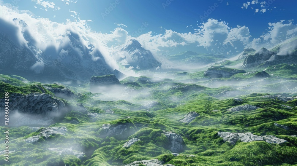 Poster a futuristic digital landscape created with computer graphics.