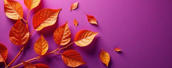 Pattern of dry orange metallic leaves on violet background, metallic, nature, abstract