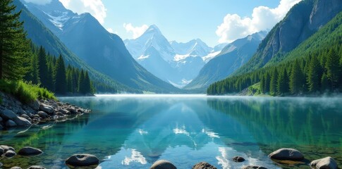 Serene mountain lake reflecting majestic peaks and lush evergreen forests under a vibrant sky