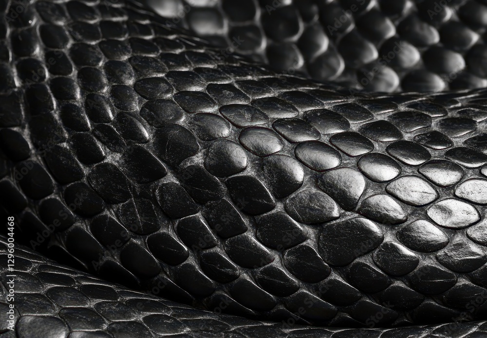 Poster close-up view of textured black snake skin showing intricate patterns and lusters ideal for nature a