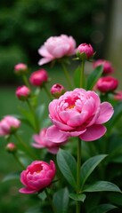 Fototapeta premium Peony flowers in a garden with greenery, nature, foliage, flowers