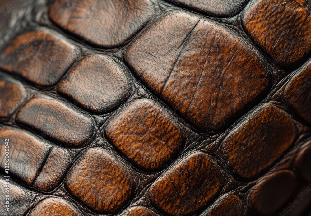 Poster close-up view of textured brown crocodile leather with unique patterns and natural color variations 